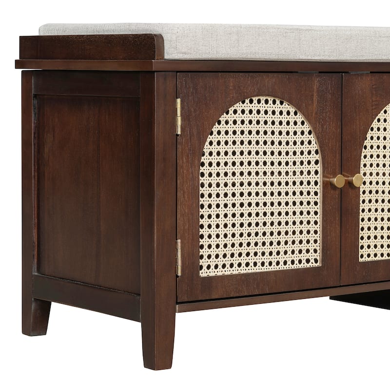 Wood Frame Bench with Shoe Storage, Shoe Bench with Rattan Arched Door and 2 Drawers Entryway Fabric Upholstered Bench