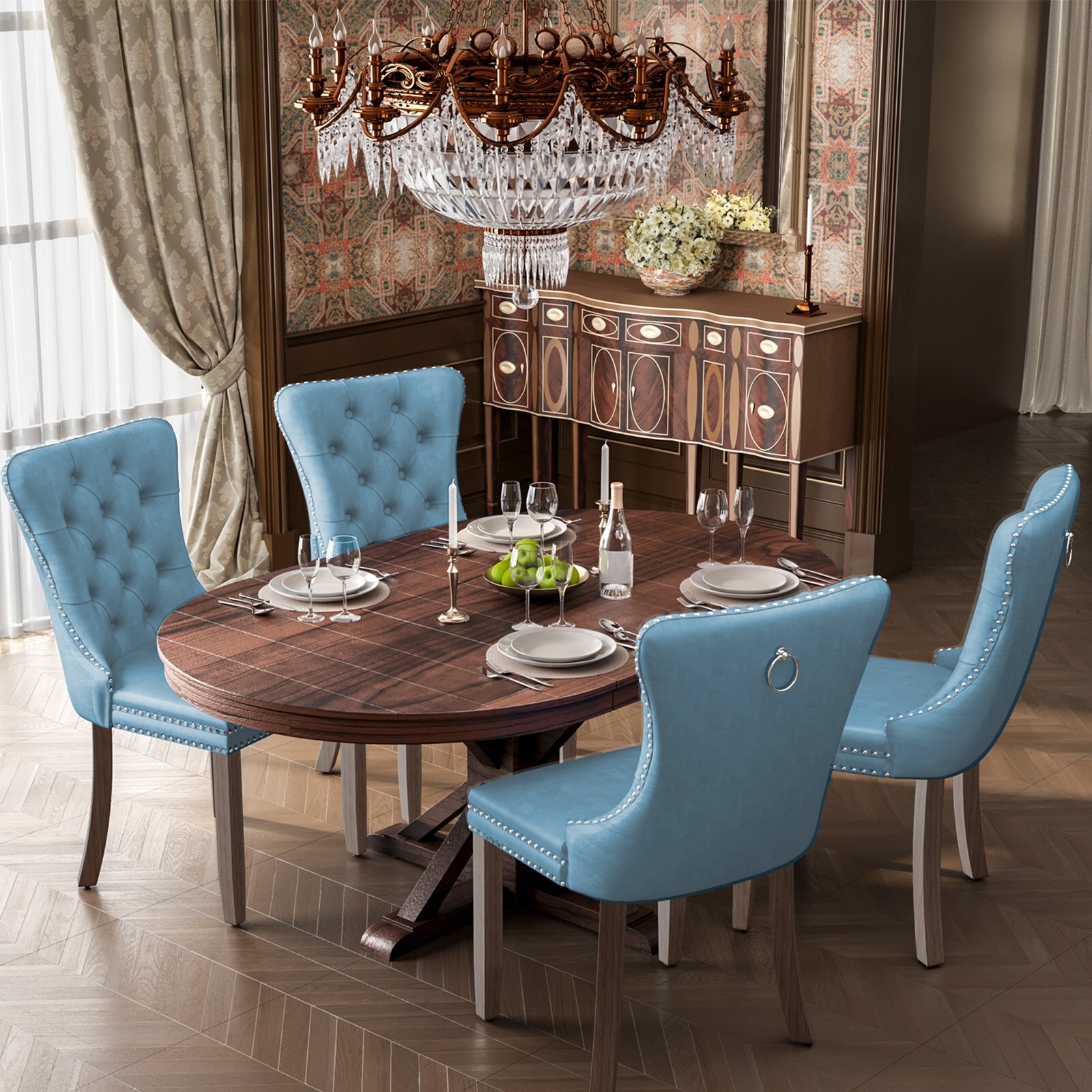 Dining table set on sale with tufted chairs