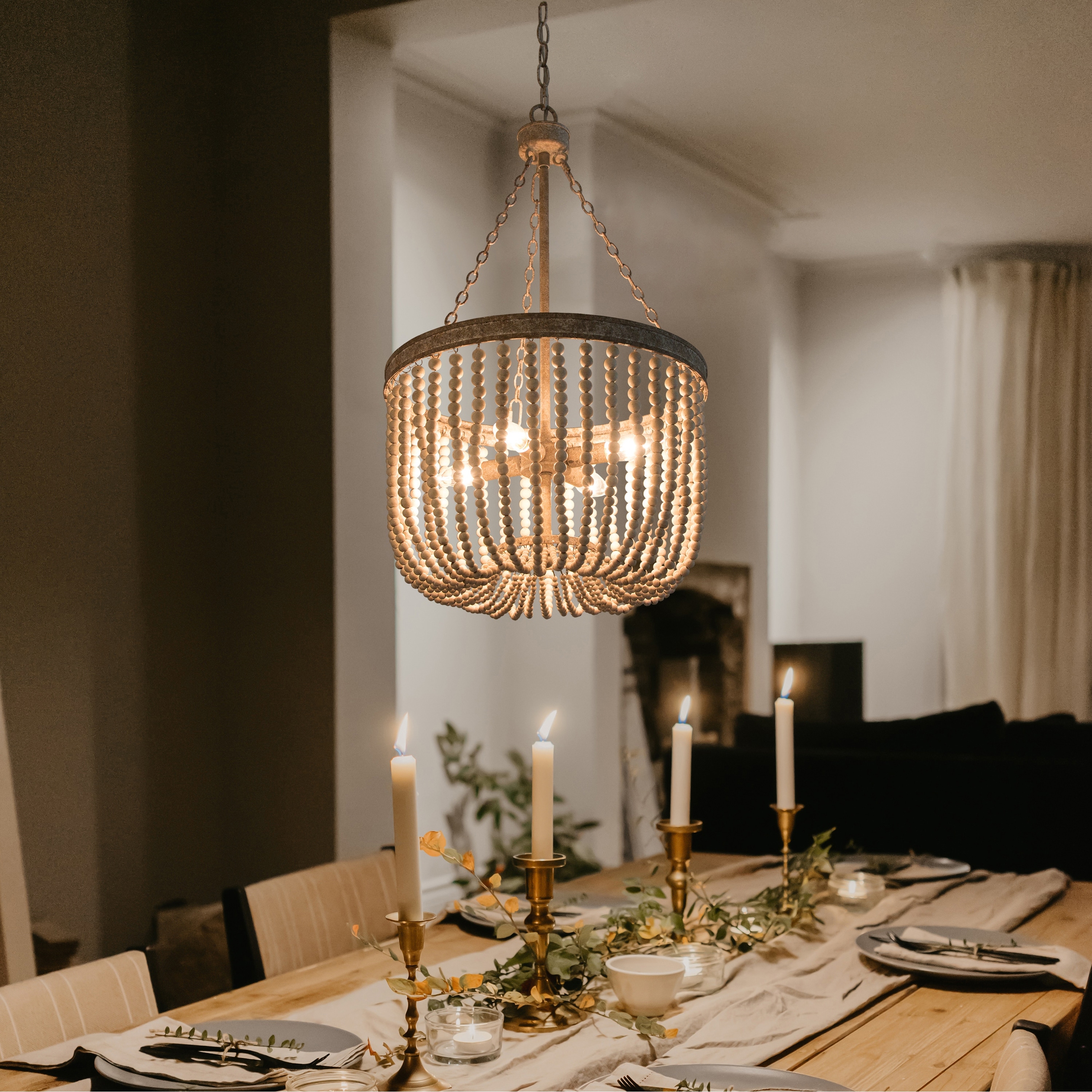 Boho Wood Beads 4-light Chandelier Empire Weathered Coastal Ceiling Light for Dining Room - D15.5"*H87"
