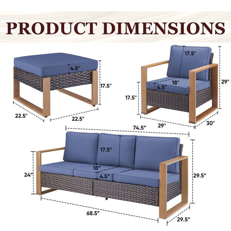 Gymojoy PE Rattan Chairs with Sofa Ottoman Set - Brown