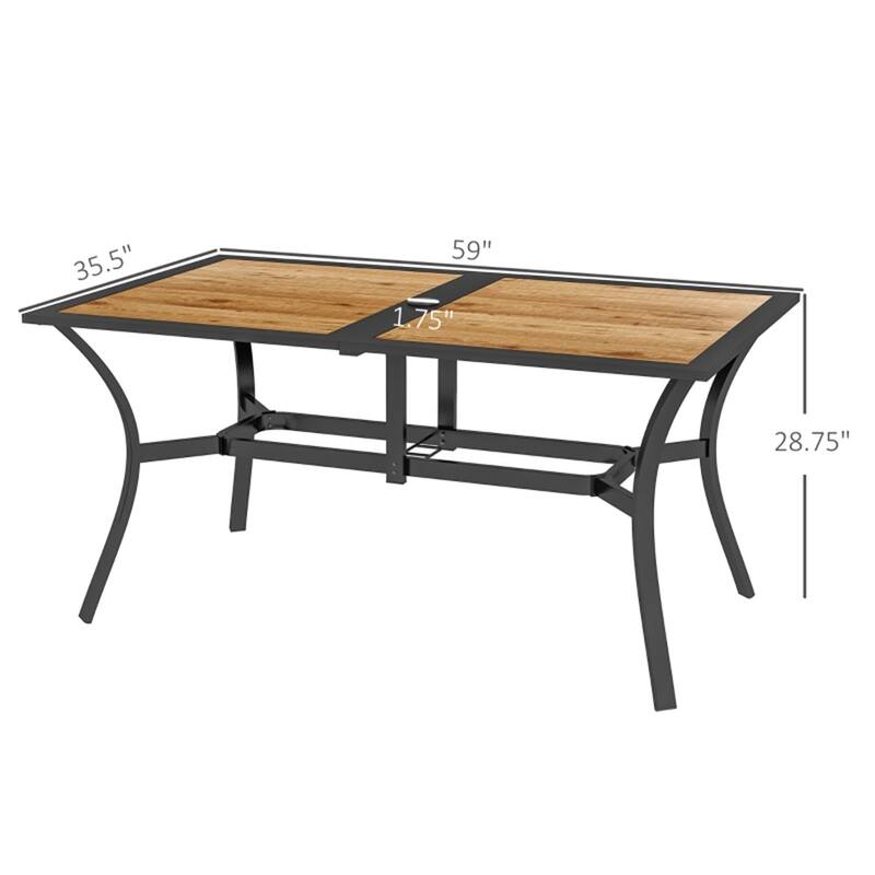 Brown Wood Grain Black Steel 6 Seater Outdoor Dining Table with Umbrella Hole - 59" L x 35.5" W x 28.75" H