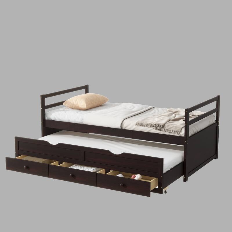 Twin Bed with Pull-Out Trundle, Three Storage Drawers, Pine Wood Frame, Headboard & Footboard - Espresso - Twin