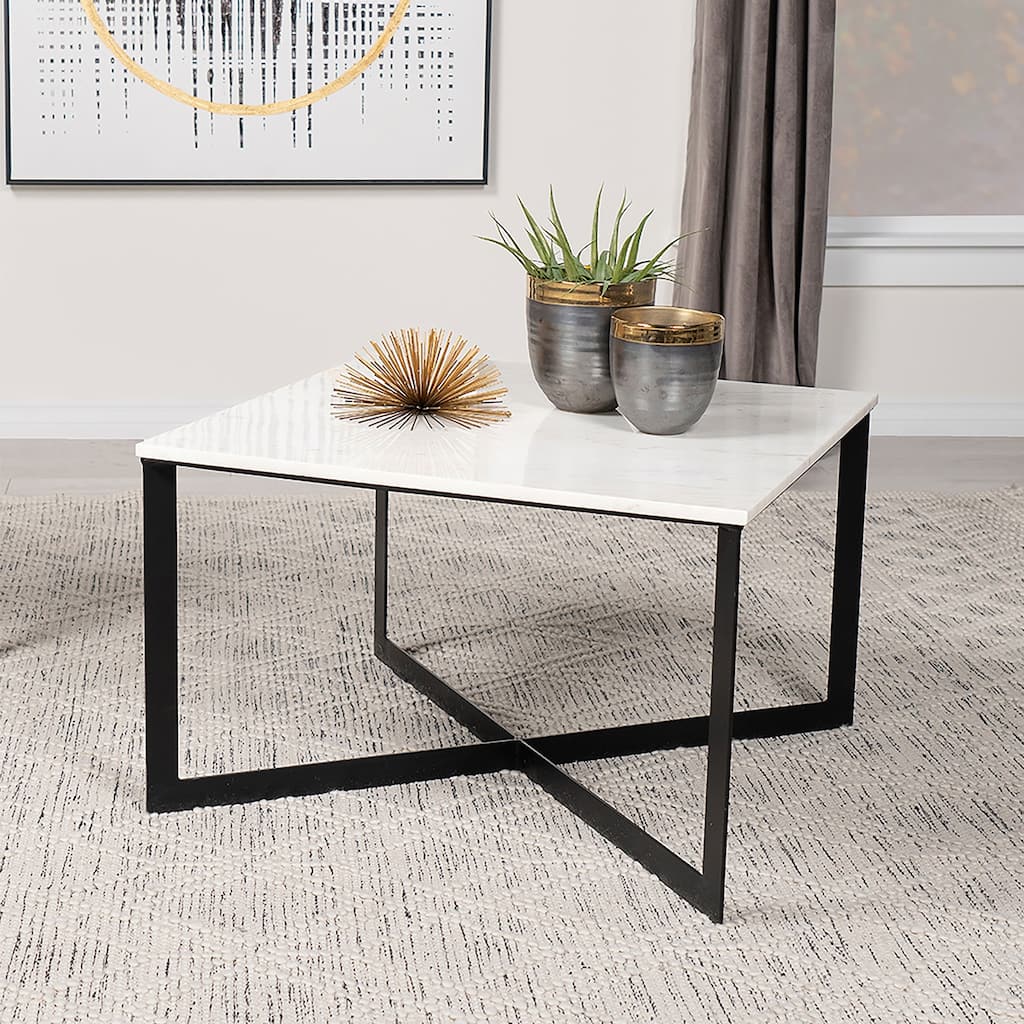 Square Faux Marble Top Coffee Table with Cross-legs in White and Black