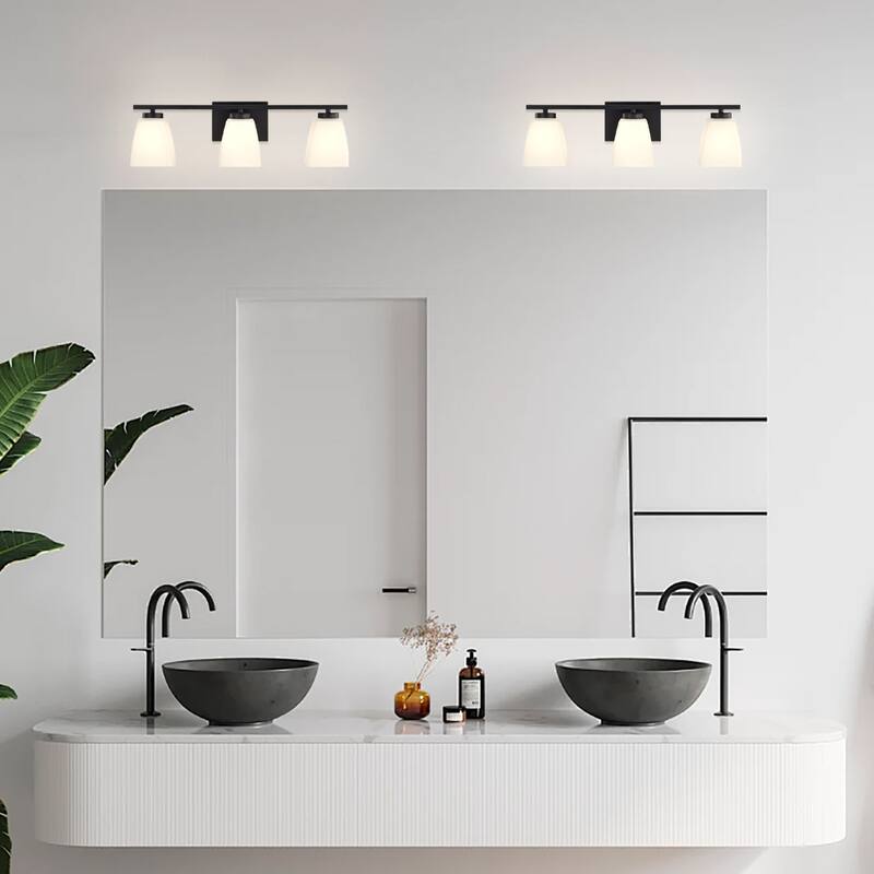 Brushed Nickel/Matte Black/Gold Modern 3-Light Vanity Light with Square Etched White Glass Shades
