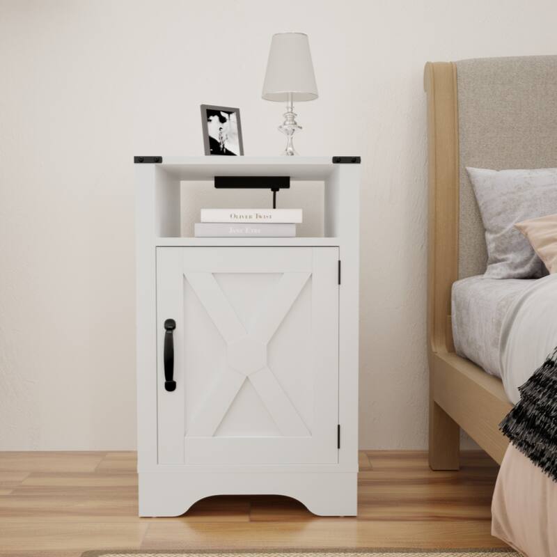Farmhouse Nightstand Side Table,Tall Bedside Table with Electrical Outlets Charging Station - White - White