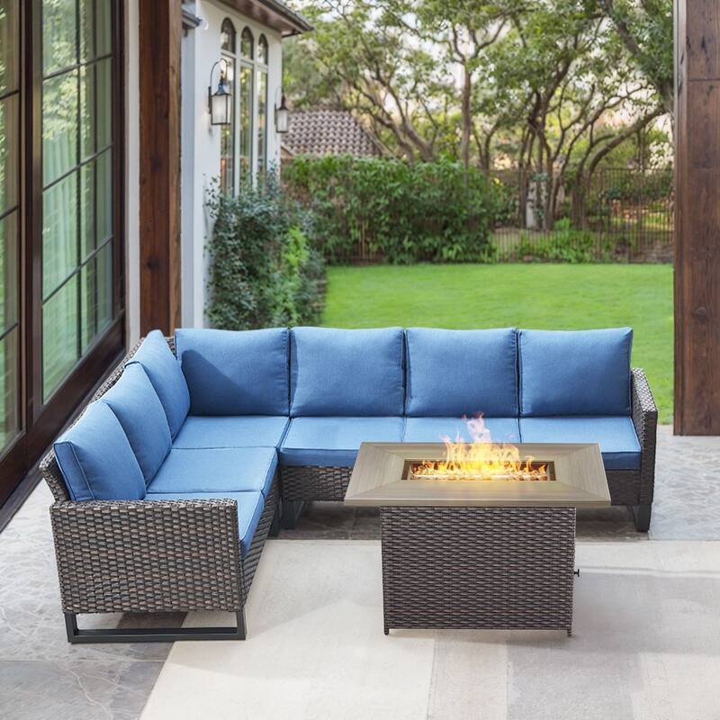 Gymojoy L-Shaped Outdoor Corner Sectional Sofa 6-seats Couch Conversation Set - 2 PCS - Fire Pit - Brown Wicker / Blue Cusion