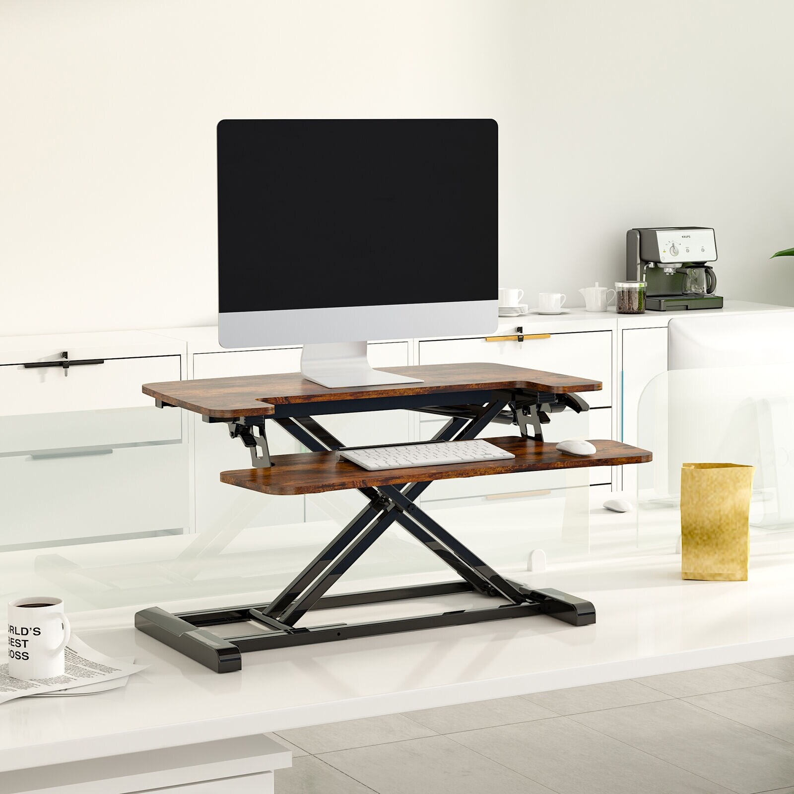 thumbnail image 2 of UNHO Adjustable Standing Desk Converter Riser - Wood Finish, Fits One Monitor Up To 20.1" 2 of 3