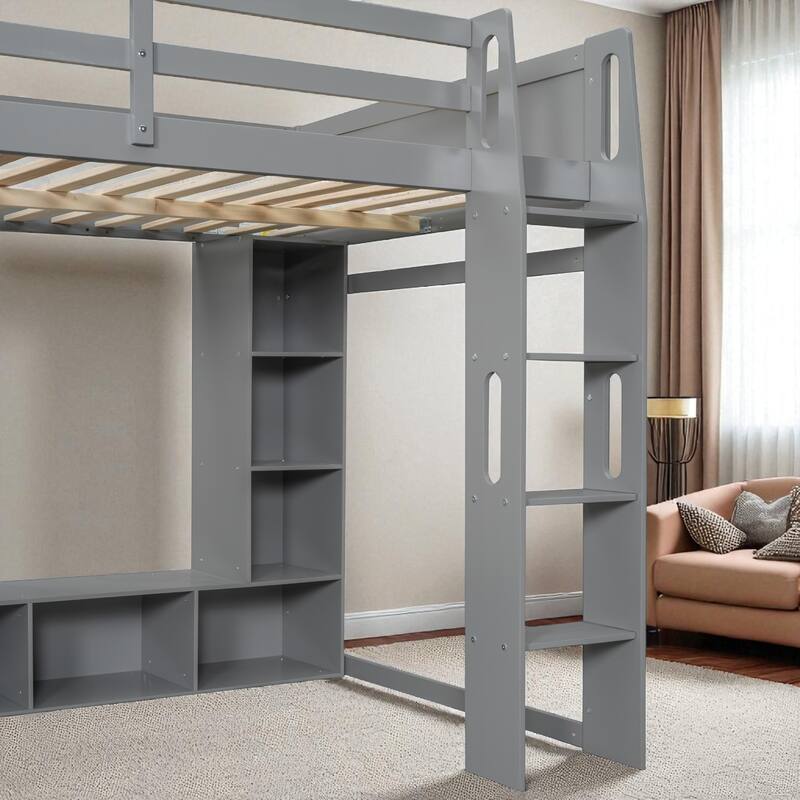 Twin/Full Size Gray Gaming Loft Bed with Desk, Storage Cabinets, LED Lighting & Hanging Clothes Rack