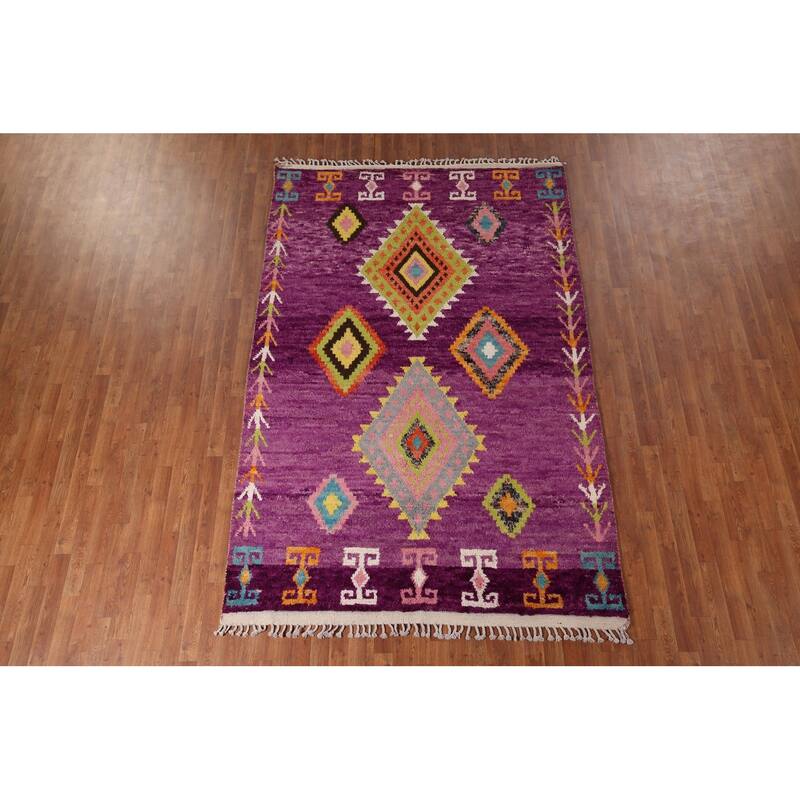 Purple Plush Moroccan Oriental Area Rug Handmade Wool Carpet - 6'1" x 9'5"