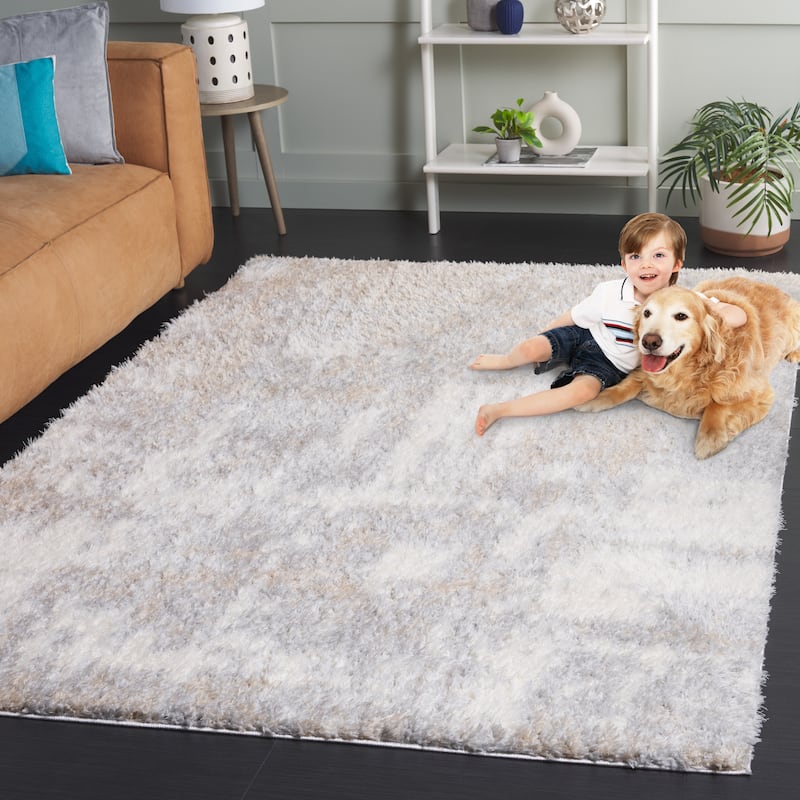 SAFAVIEH Lindsay Shag Marcelina Modern Abstract 2-inch Thick Rug - 6'7" Round - Grey/Ivory Beige