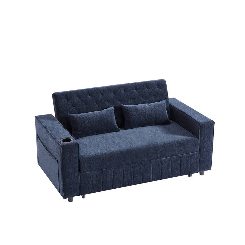61.41" Chenille Convertible Sofa Bed with Adjustable Backrest, USB & Cup Holders