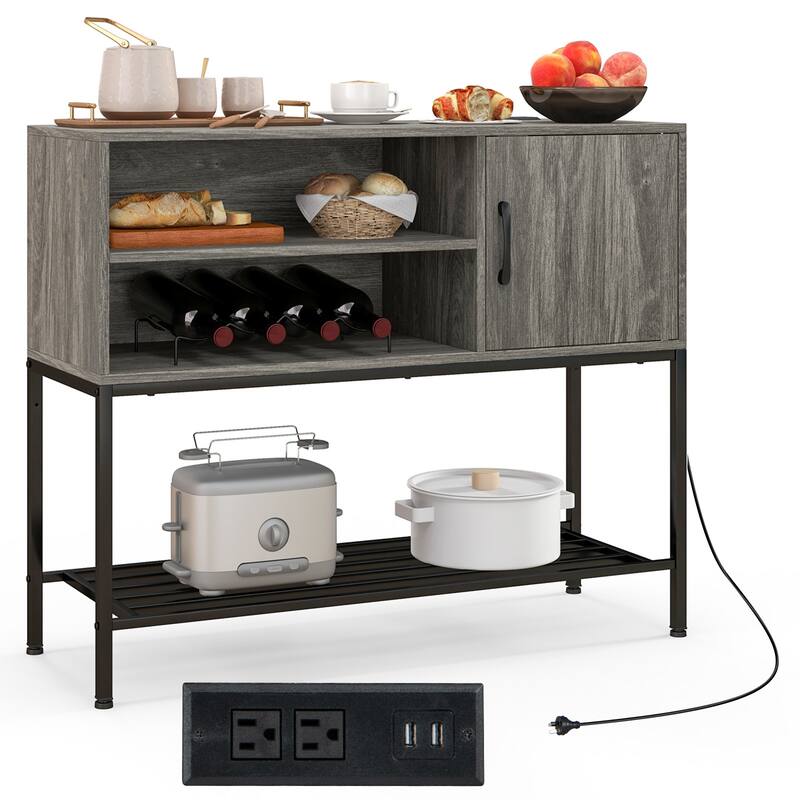 Gymax Buffet Sideboard w/ Power Outlets & USB Ports Wine Racks & - Grey