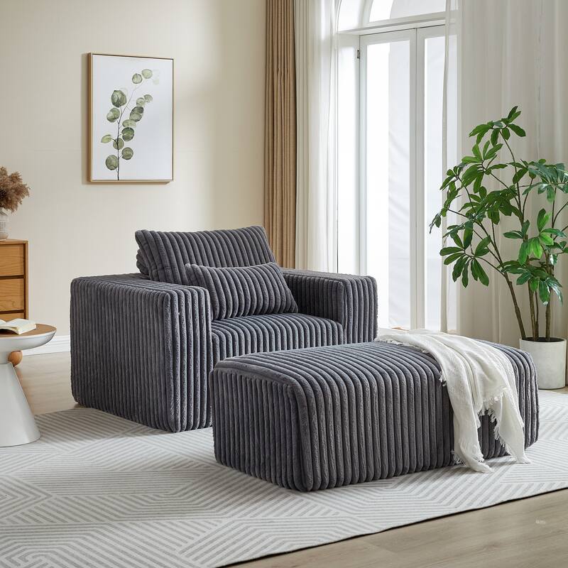 62.5" Corduroy Sponge Sofa Lounge Chair with Removable footrest,No Assembly Required,Fluffy Modern Sleeper Chair for Bedroom
