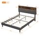 preview thumbnail 6 of 9, Gray Queen Size Upholstered Platform Bed w/ Storage Headboard & USB Port, Linen Fabric Storage Bed Frame for Kids Teens Adults