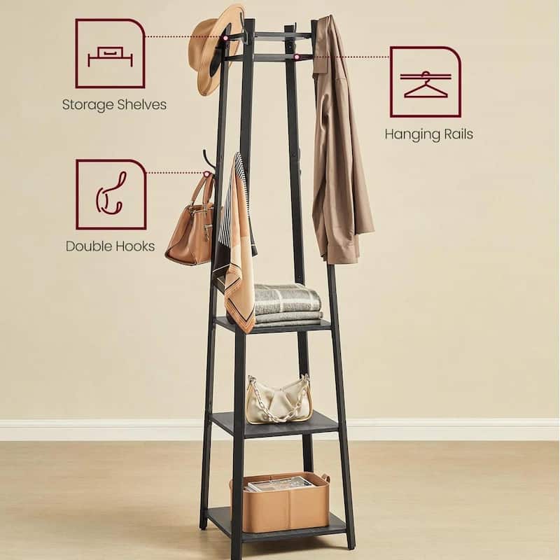 Modern Farmhouse Coat Rack with 3 Rustic Wood Shelves and 8 Hooks for Entryway Storage - 70.9'' H x 16.9'' W x 16.9'' D