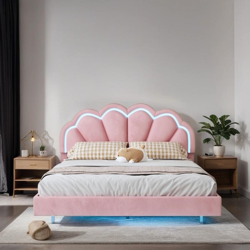 Queen Size Upholstered Smart LED Bed with Flowers Headboard, Floating Velvet Platform LED Bed with Wooden Slats Support, Pink