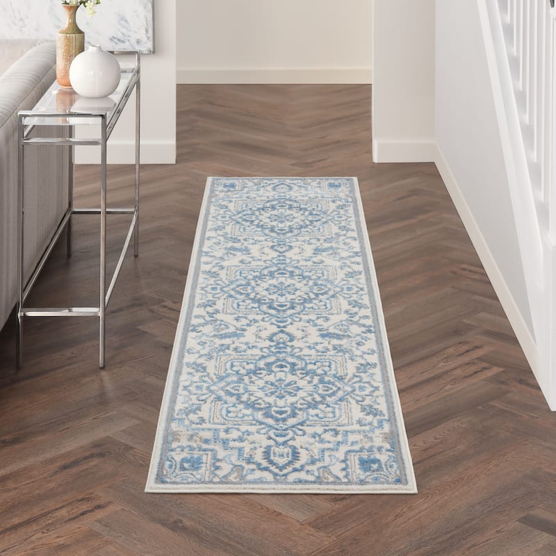 Nourison Elation Floral Medallion French Country Area Rug - 2'3" x 7'6" Runner - Ivory Blue - Rectangle