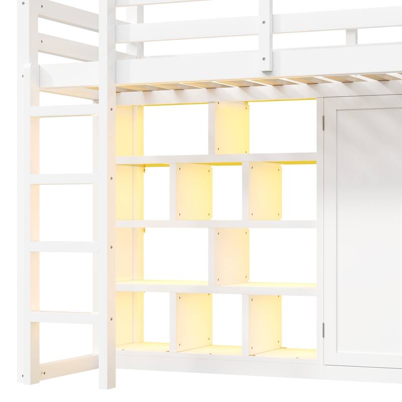 GDFStudio - Solid Wood Loft Bed with Wardrobe, Slide, Storage Shelves & LED