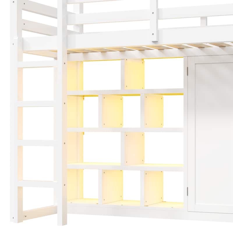 White Twin Size Wood Loft Bed with Slide, Wardrobe, Storage Shelves, LED Light, and House Frame