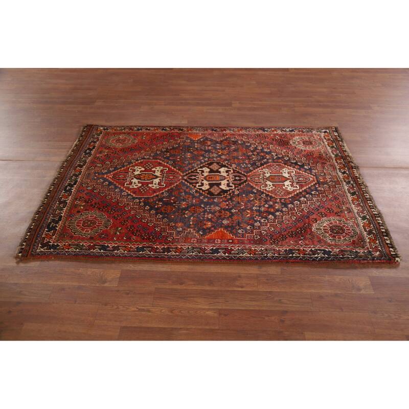 Hand Knotted Oriental 100% Wool Carpet Traditional Tribal Navy Blue & Blues Shiraz Area Rug - 5' 4'' X 3' 8''