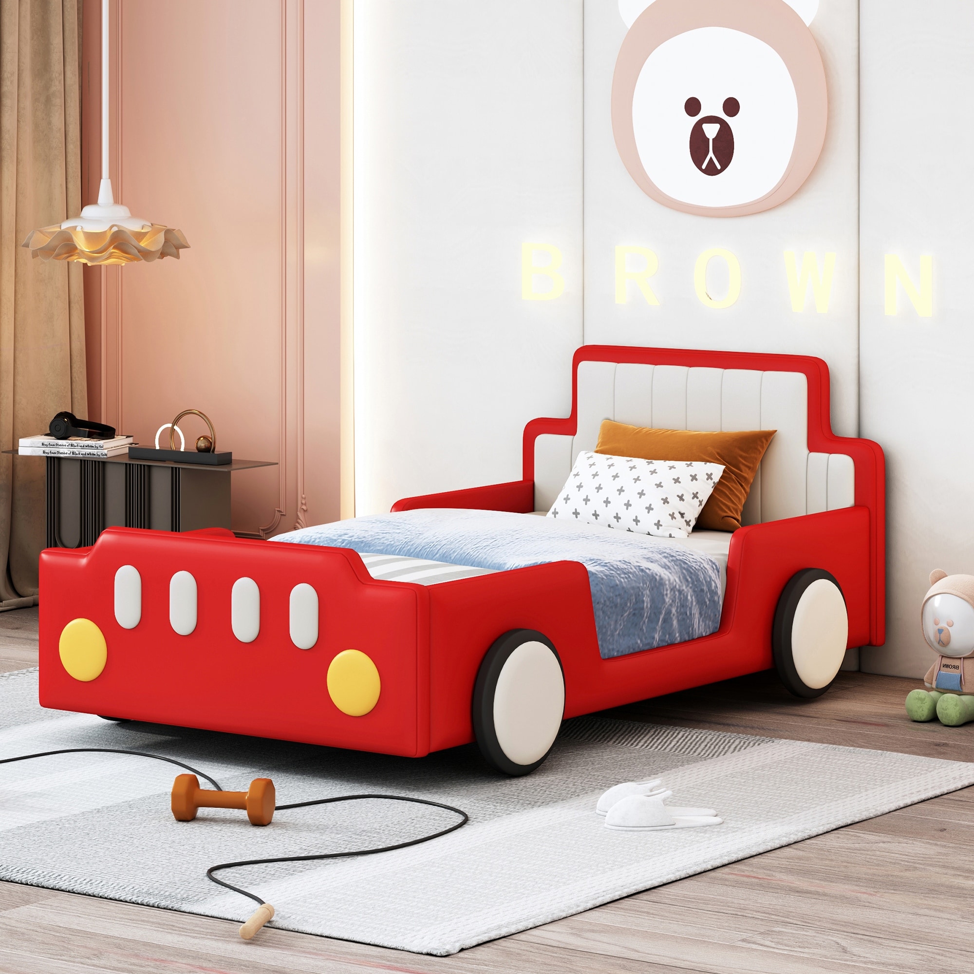 Twin Race Car Bed Pine Wood Platform Bed with Wheels Safety Rails