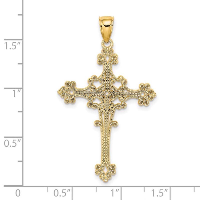 Curata 14k Yellow Gold Beaded Filigree Large Cross Pendant Necklace 18mm x 33mm