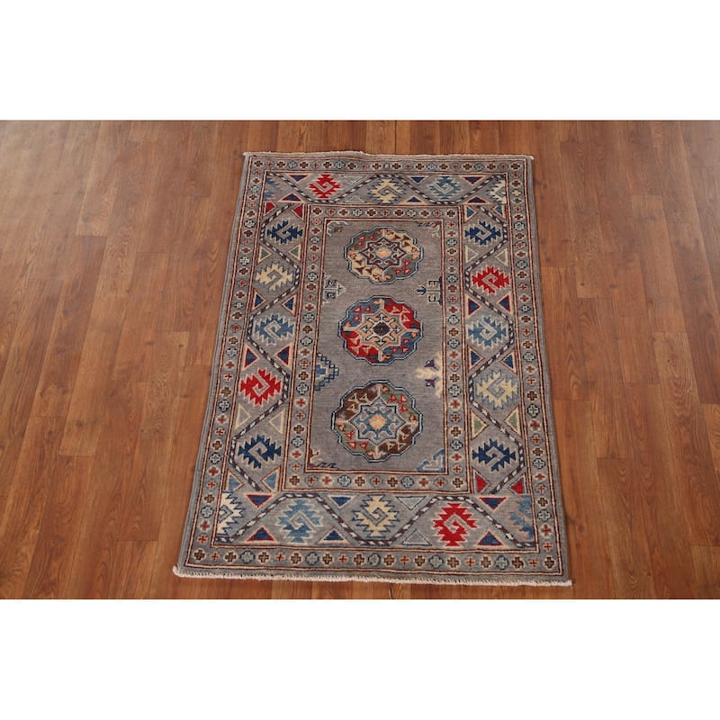 Geometric Kazak Oriental Accent Rug Hand-Knotted Grey Wool Carpet - 2'7"x 4'1"