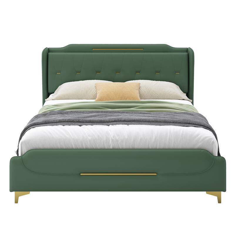King Size PU Upholstered Platform bed with Wingback Headboard And Footboard