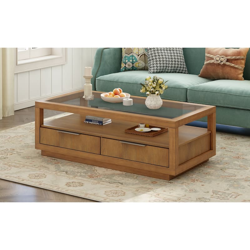 Coffee Table with Transparent Tempered Glass and 2 Drawers, Center Table with Open Storage Shelf
