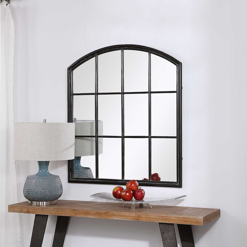 Uttermost Lyda 35" Wide Arched Window Pane Style Iron Wall Mirror - Rustic Aged Black