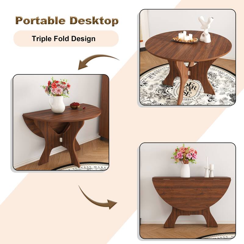 43 Inch Folding Dining Table for Small Spaces, Round MDF Veneer Foldable Kitchen Table with Slim Storage Design