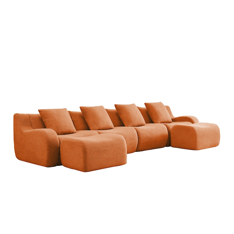 118" Modern U Shaped Modular Sectional Sofa, Boneless Couches for Living Room with Ottoman, 4 Seater Teddy Fabric Couch Sofa Set