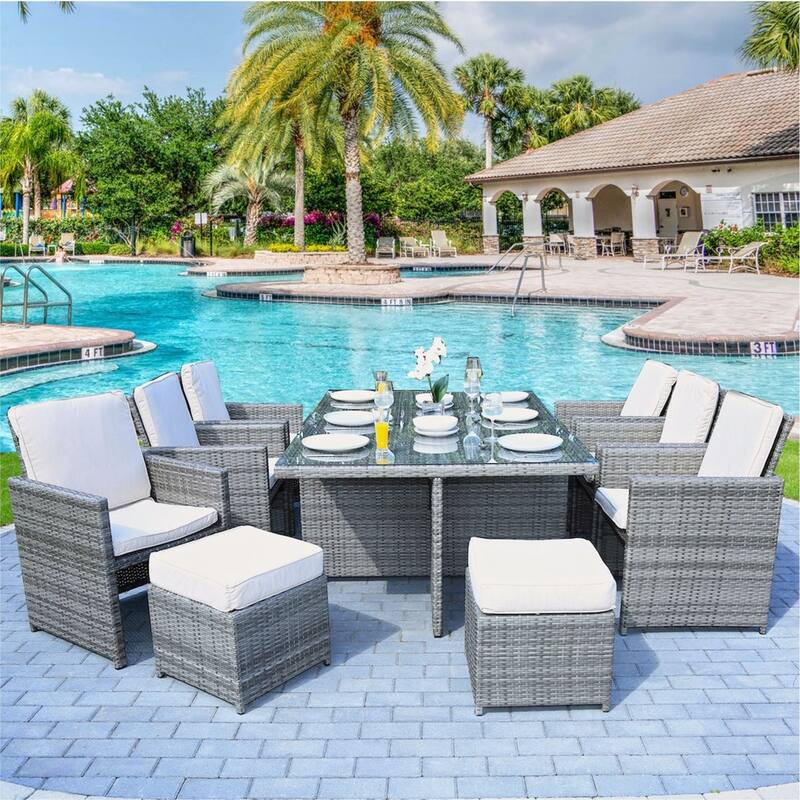 Abrihome 11-piece Patio Wicker Dining Set with Cushions and Ottoman - Grey
