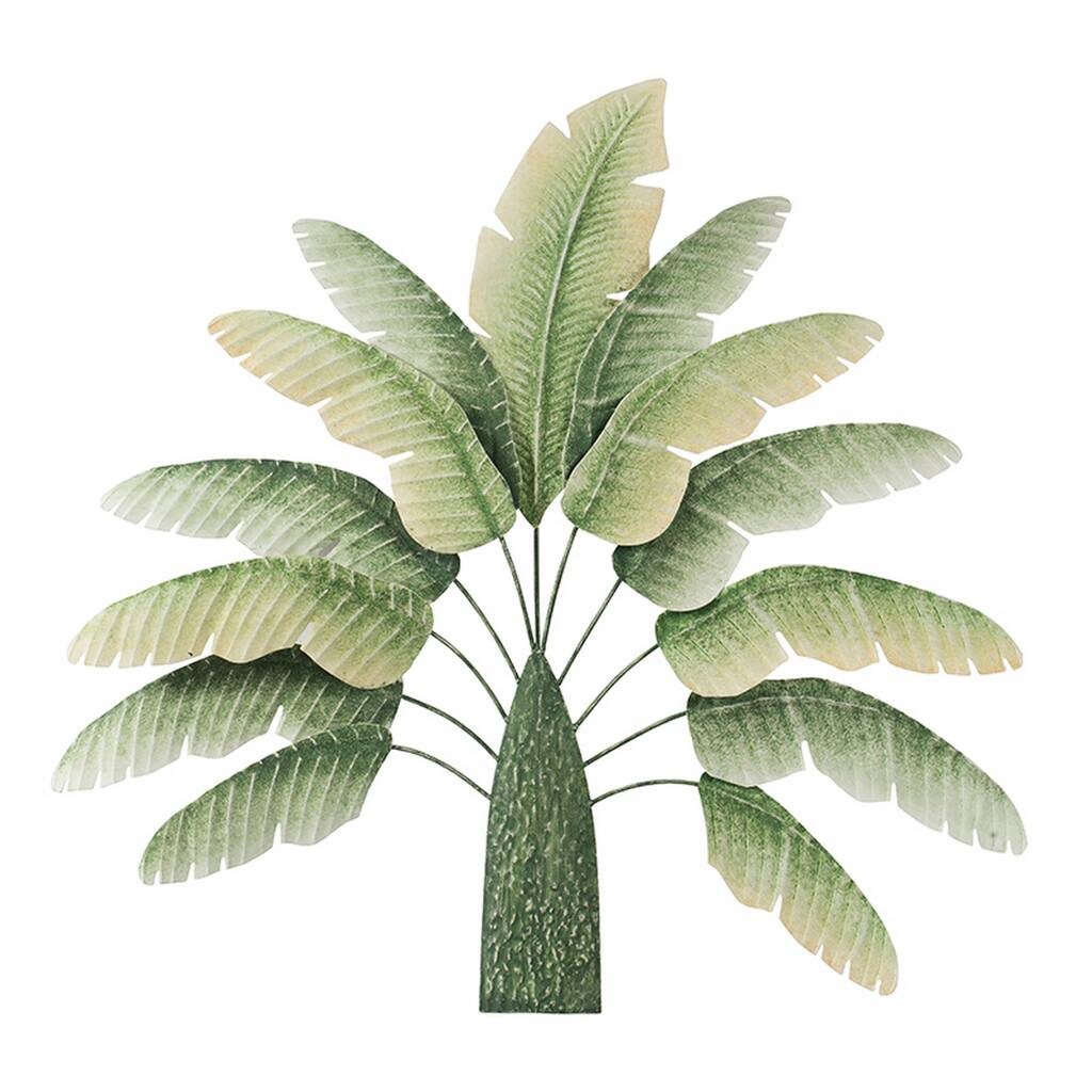 32 Inch Metal Banana Leaf 3D Wall Decoration, Green and White Tones