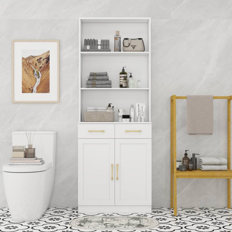 Bathroom storage cabinet with two doors and drawer adjustable dividers - White