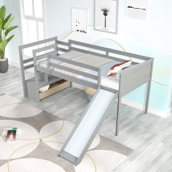 slide 2 of 18, Twin Loft Bed with Slide, Storage, and Stair Drawer Gray