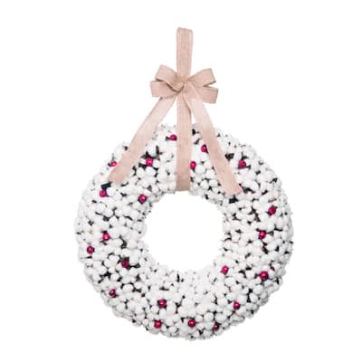 Transpac Fabric 22 in. White Christmas with Berry Wreath