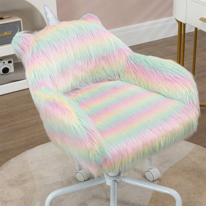 Fluffy Unicorn Office Chair w/ Armrest, 5 Star Swivel Wheel White Base