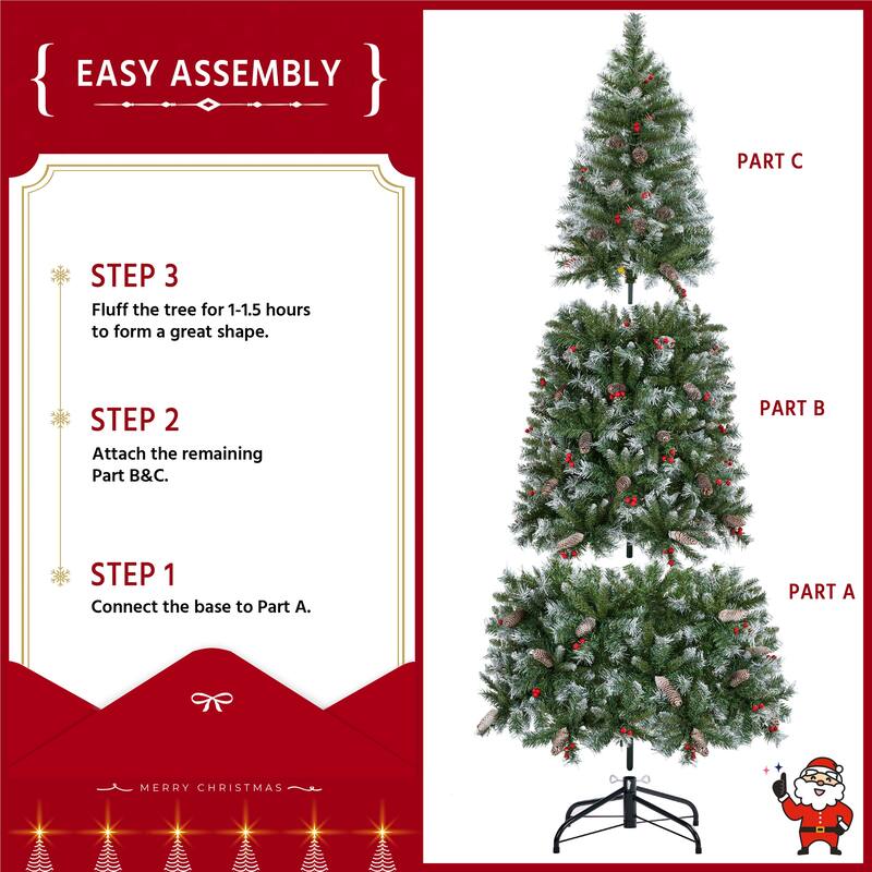 Yaheetech 6ft/7.5ft Pre-lit Frosted Artificial Christmas Tree with Pinecones & Holly Berries, Green