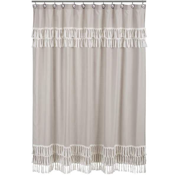 slide 2 of 5, Boho Fringe Bathroom Fabric Bath Shower Curtain Beige Tan Taupe Linen for Bohemian Woodland Farmhouse Botanical Leaf Collection