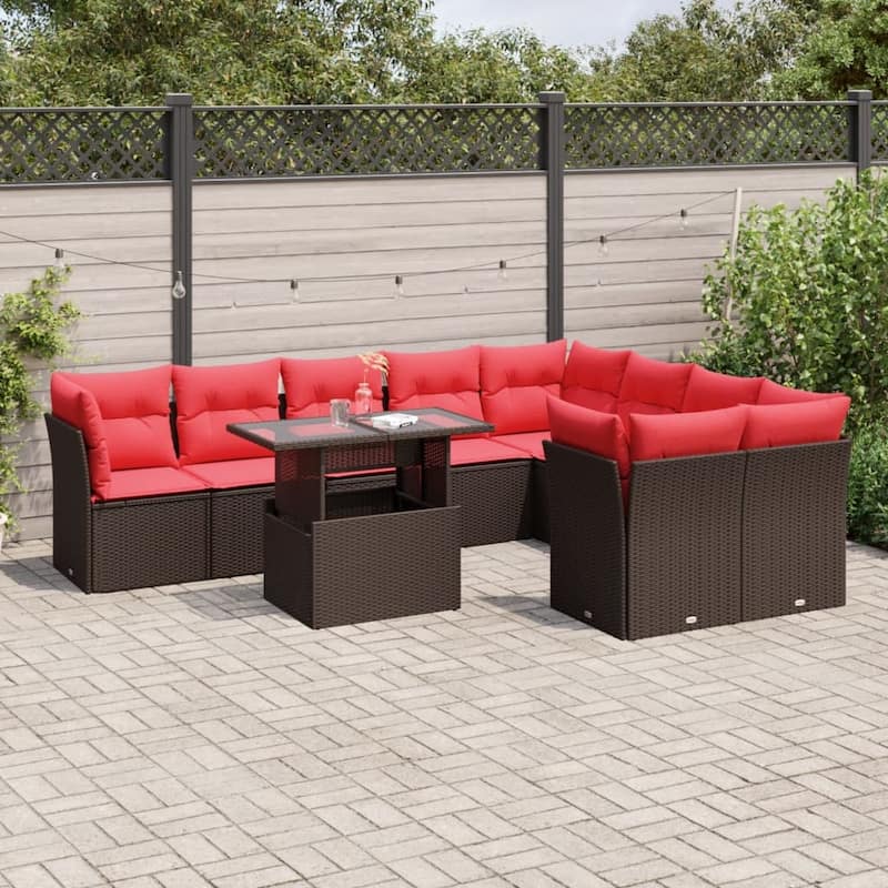 vidaXL 10 Piece Patio Sofa Set with Cushions Black/Brown/Gray Poly Rattan - 24.4 x 24.4 x 27.2