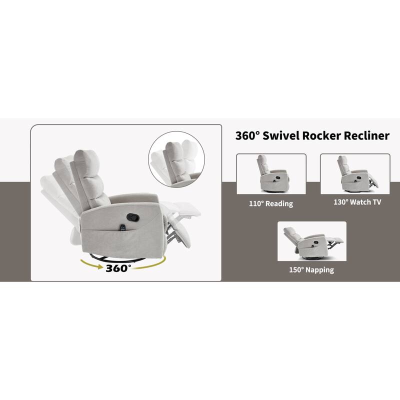 Roomfitters Manual Rocker Swivel Recliner Chair with Heat and Massage Fabric Glider Lounge Sofa for Living Room