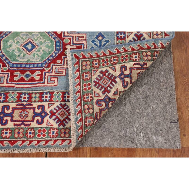 Light Blue Geometric Kazak Area Rug Hand-Knotted Wool Carpet - 4'0" x 5'10"