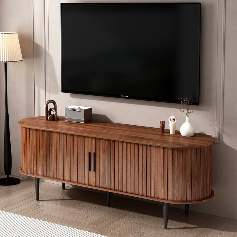 Modern TV Stand with Sliding Door, Wood Media Console Table with Fluted Design, Entertainment Center with Storage Cabinet