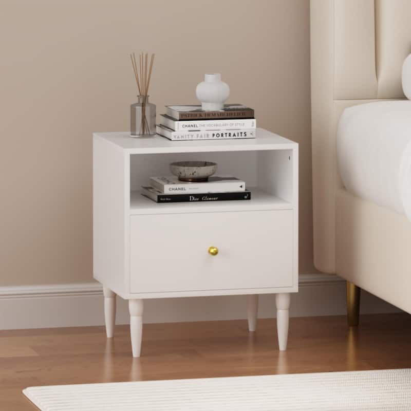 Anmytek White Nightstand with Drawer, Open Shelf, Gold Knob, Solid Wood Legs, Modern Bedside Table