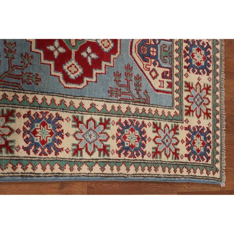 Light Blue Geometric Kazak Rug Hand-Knotted Oriental Wool Carpet - 4'11" x 6'8"