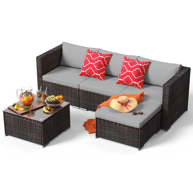 5-Pieces Outdoor Sectional Set, Patio Conversation Set, Rattan Sectional Sofa Set with Coffee Table