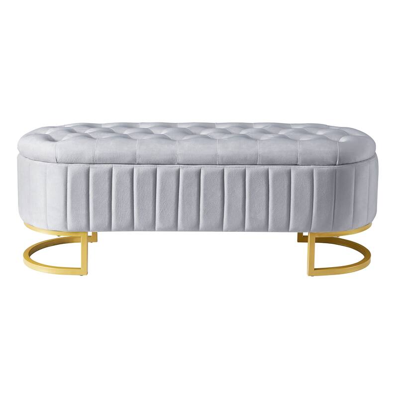 Elegant Velvet Storage Ottoman with Button-Tufted Top, Metal Legs
