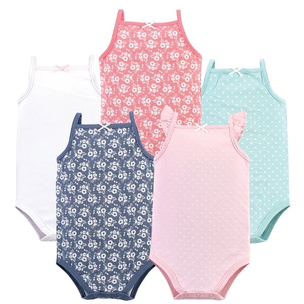 slide 1 of 1, Hudson Baby Infant Girl Cotton Sleeveless Bodysuits 5pk, Basic Dot Floral 3-6 Months - Basic Dot Floral