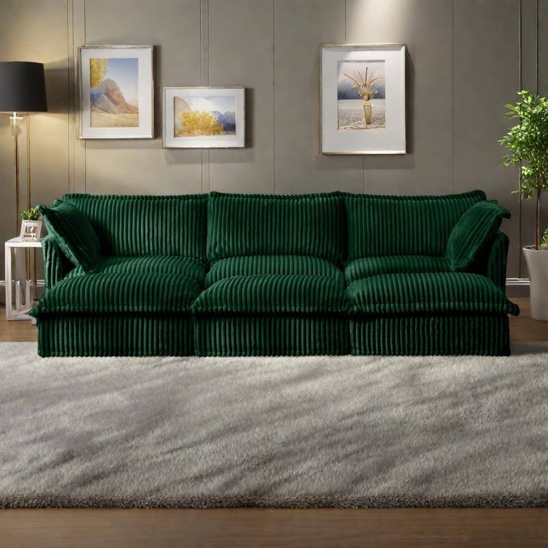 120" Corduroy 3-Seater Sofa Set with 3 Ottomans, Sleeper Function & Removable Slipcovers - Green